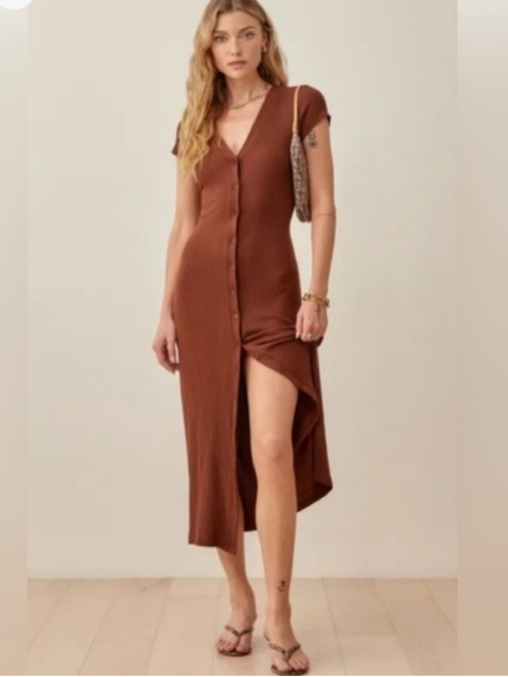 Reformation Chocolate Brown Ribbed Button-Front Midi Dress - Picture 10 of 11